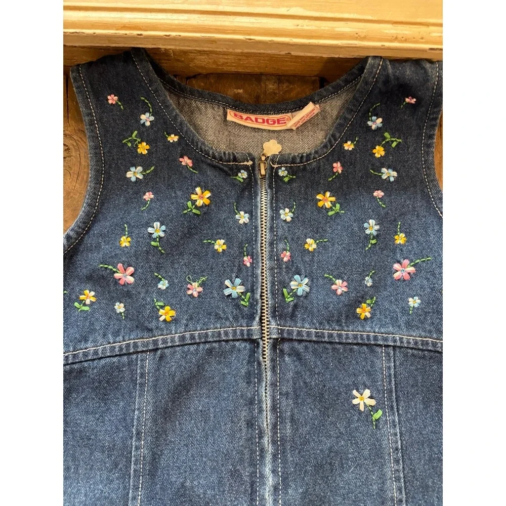 Badge Vintage Denim Romper Embroidered Flowers‎ Blue Girls Size L 14